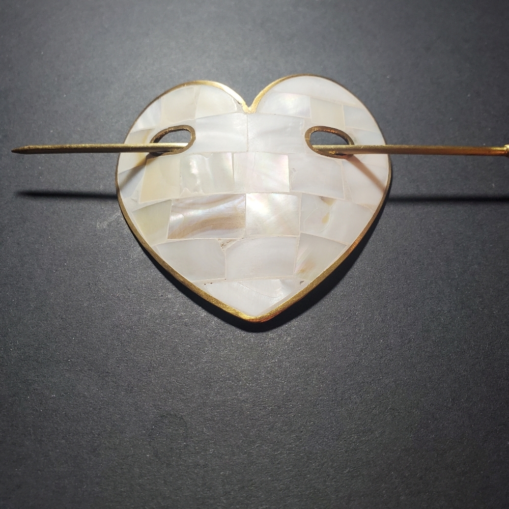 Mother-of-Pearl Shell Handmade Chitra Heart Hair Slide Brass Stick Accessory NWT - Picture 4 of 12